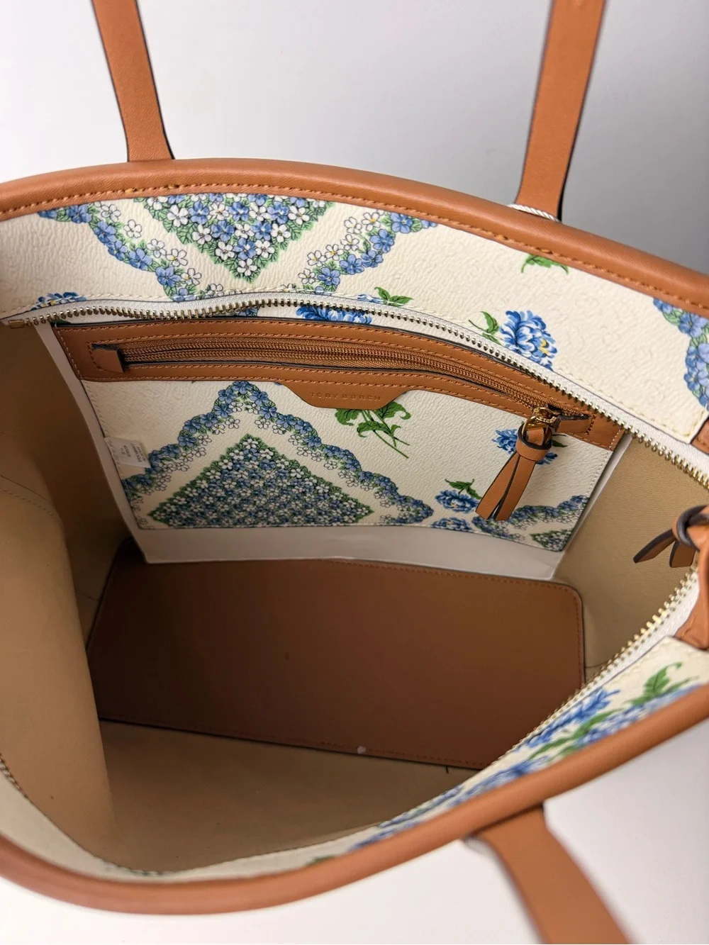 Tory Burch Kerrington Small Zip Tote Terrace Ditsy Floral Cloud Blue Brown